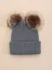 Gorro de punto gofrado de doble pompón y doble punto de pelo sintético de visón para niños de otoño e invierno, gorro sin visera cálido para exteriores que protege los oídos