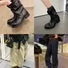 Botines cortos de piel de vaca súper suaves 2026 para mujer, con hebilla de cinturón, punta redonda retro, fruncidos, tacón grueso, hasta la pantorrilla