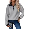 Moletom com gola de botões color block moderno para mulheres, novo top pullover casual de inverno 2026, caimento solto