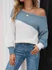 Suéter Feminino Estilo Europeu Sexy Ombro a Ombro Tricô Color Block Patchwork Moda Pulôver Top para Mulheres