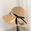 Chapéu de Palha com Laço para Mulheres, Chapéu de Férias de Verão, Chapéu de Praia, Protetor Solar Dobrável, Proteção Solar, Estilo Retrô Francês, Aba Larga