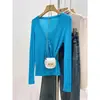 Chaqueta Top de Encaje con Cordones y Cuello en V Color Azul Lago Atmosférico para Mujer en Verano Aspecto Adelgazante Tejido de Seda de Hielo tipo Papel Cardigan Protector Solar