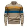Suéter de Punto para Hombre Talla Europea Transfronteriza Moda Otoño e Invierno Rayas Bloques de Color Tejido Pulóver Media Cremallera Cuello Alto Ropa de Hombre