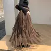 Saia Assimétrica com Renda para Mulheres, Outono Cintura Alta Malha Emagrecedora Longa