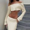 Conjunto de Ropa para Mujer de Comercio Exterior Transfronterizo de Amazon, Top Corto Elegante y Ceñido, Conjunto de Falda Larga de Cola de Pez de Longitud Media con Cuello Asimétrico