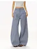 Directo del fabricante: Pantalones de cuadros azules holgados con pliegues estilo americano, pantalones casuales ligeros para mujer, pantalones casuales holgados de pierna ancha para verano
