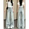 Jeans Feminino Wide Leg Estilo Preguiçoso Azul Claro Americano Outono Lavado Solto Emagrecedor Cintura Alta Reta Comprimento Total