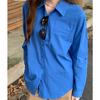 Foto Real de Chaqueta Camisera Coreana Azul de Manga Larga para Mujer Otoño 2025 Elegante de Alta Gama Suelta Casual Camisa Tendencia