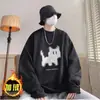Sudadera con Estampado de Gato Ins de Moda High Street Estilo Hong Kong Cuello Redondo Forro Polar/Fino Holgada Versátil Mangas Largas Top Básico