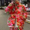 Chaqueta de Algodón Gruesa de Invierno para Hombre con Estampado Floral del Noreste, Abrigo Corto de Algodón Holgado Oversize de Moda