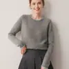 Suéter de cashmere simples 100% puro com blocos de cor, gola redonda, para mulheres, blusa de base de tricô de manga comprida, versátil e que afina
