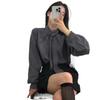 Camisa de Cetim Feminina Coreana de Alta Qualidade Dongdaemun Gola Alta Design de Laço com Fita Plissada Modelagem Slim Manga Longa