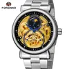 Reloj mecánico automático Forsining para hombre, informal, con correa de acero y fase lunar hueca tallada.