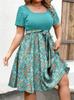 Europeu e Americano Transfronteiriço Amazon Temu Moda Tendência Elegante Vestido Decote Redondo Manga Curta Cintura Estampa Floral Tamanho Grande