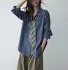 Camisa de ritmo lento com gravata, lavada com areia, macia e com bom caimento, lavável à máquina, versátil e emagrecedora camisa azul