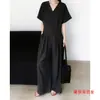 Conjunto Chique Coreano Relaxado Vintage com Decote V, Botões e Manga Curta + Calça Wide Leg Fluida Emagrecimento