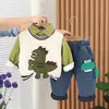 Traje grosso forrado com fleece de inverno para meninos, colete de dinossauro de lã outono e inverno para bebês, traje de inverno de três peças de manga comprida, moda