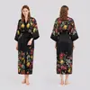 Novo Pijama de Cetim e Chiffon com Estampa Floral Cruzada Europeu e Americano Roupão Solto Feminino Kimono Roupão de Banho Wp4208