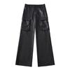 Pantalones de trabajo de cuero PU negro para mujer 2023 otoño e invierno estilo chica hot tiro bajo bolsillo sueltos rectos pierna ancha casual