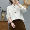 Camisa feminina de algodão puro, manga longa, corte solto, com colarinho dobrável, versátil e emagrecedora, camisa retrô artística