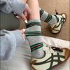 Calcetines Caídos Grises de Diseño Nicho Estilo Miu para Mujer, Calcetines Retro de Algodón Puro a la Rodilla con Rayas de Bloque de Color Estilo Americano