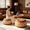 Banqueta Redonda de Rattan com Armazenamento para Sala de Estar Assento Tatami Casa, Banqueta Redonda de Rattan com Armazenamento, Usada Wind Chuanzhi Lian Estampa Couro
