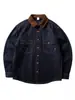 Camisa de Mezclilla Gruesa Indigo de Manga Larga Estilo Granero Retro Americano con Bolsillos, Chaqueta Camisa de Trabajo Pesado Vintage Tendencia
