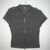 Ins Transfronterizo Verano Retro Americano Cuello Alto Doble Fila Hebilla Metálica Manga Corta Top Doble Cremallera Ajustado Camiseta Venta al por Mayor