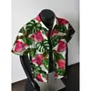 Camisa de Seda Gelo Havaiana com Estampa de Flores para Praia de Manga Curta Masculina Verão Tailândia Férias na Costa Estilo Sudeste Asiático Camisa Externa Masculina