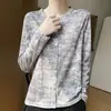 Cardigan de Punto Delgado con Protección Solar, Manga Corta, Cuello Redondo Redondo, Bloque de Color Gradiente, Estampado, para Mujer, Temporada Primavera/Verano, 26 Hilos