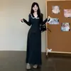 Nuevo vestido tejido elegante de estilo francés con ribete de encaje para mujer, prenda interior de otoño e invierno con conjunto de suéter, vestido largo