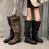 Botas Retro Arrugadas Apiladas Otoño/Invierno 2026 para Mujer de Pantorrilla Ancha, Botas Largas Hasta la Rodilla, Adelgazantes, Versátiles, Tacón Grueso, Botas Altas de Jinete