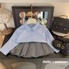 Suéter feminino estilo preppy para primavera e outono Ningli, camisa casual de gola redonda, manga longa solta, saia plissada, conjunto de três peças