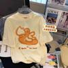 Camiseta de Manga Corta con Cuello de Bolsa de Algodón Puro con Estampado de Dibujos Animados Anime para Mujer 2024 Verano Nuevo Top Casual Holgado de Largo Medio