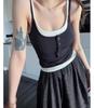 25226 # Camisola con Botones de Color de Contraste y Tirantes de Copa para Mujer, Adelgazante, Doble Hombro, Falso Dos Piezas, Ropa Interior Base