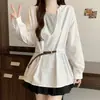 Roupas femininas plus size coleção outono 2026, design único, falso duas peças, moderno, acinturado, blusa casual de manga longa com cinto