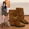 Botas de Moda Estilo Nuevo Retro Occidental Tacón Grueso Pierna Ancha Hebilla Botas de Media Caña Botas de Tacón Grueso Botas Estilo Europeo Mujer Piel Suave 2026 Otoño/Invierno
