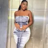 Estilo europeu transfronteiriço casual cinza e branco feminino estampado bloco de cores conjunto de saia e blazer sem alças sem costas cintura média justo longo conjunto de duas peças