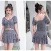 Traje de baño de dos piezas para mujer para aguas termales, estilo coreano, a cuadros de moda, push-up para busto pequeño, estilo falda, estilo coreano de verano, traje de baño adelgazante