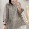 Blusa Feminina Retro de Algodão e Linho com Amarração Gola Redonda Nova de Verão com Botões Laterais Caimento Solto Temperamento Literário Manga de Cinco Pontas