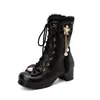 Botas Lolita fofas de outono e inverno para estudantes e mulheres, sapatos Lolita doces com laço, botas curtas de salto alto para mulheres