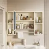 Gabinete de espejo curvo para baño con barra para toallas, almacenamiento, espejo de tocador con estante, almacenamiento a prueba de humedad e impermeable