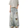 Jeans de calle estilo americano lavados, desgastados, rotos para hombre, pantalones holgados rectos de pierna ancha, pantalones casuales gruesos tie-dye con estilo