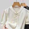 Camisa de satén de manga corta para mujer, verano 2024, nuevo estilo nacional, elegante, de alta gama, estilo chino, con cuello vertical y hebilla.