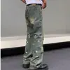 Jeans Rotos de Hombre Estilo Americano Vintage Amarillo Viejo Teñidos con Barro Salpicaduras de Tinta High Street Ajustados Altos Modernos Pantalones de Campana