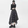 Roupa Feminina Saia Xadrez Irregular 2026 Outono Vintage Xadrez Cintura Elástica Emagrecedora Comprimento Médio Saia Evasê