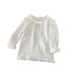 Camisa Básica de Primavera e Outono para Meninas, Camiseta de Manga Longa com Laço e Gola de Orelha, Top Branco Doce e Versátil para Bebês