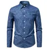 Nova camisa de manga comprida da Amazon para homens, com estampa de design retrô em jeans, corte solto e disponível em tamanhos grandes.