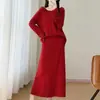 Conjunto de dos piezas de falda y suéter para mujer, lana pura, nuevo estilo chino, cintura elástica de ganchillo, otoño e invierno, tejido puramente hecho a mano