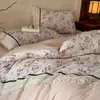 Juego de ropa de cama de cuatro piezas estilo francés vintage, grado A, de algodón puro cepillado, que incluye una sábana de algodón, un juego de tres piezas con una funda de edredón estampada floral y una sábana ajustable